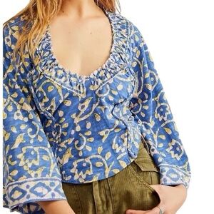 Free People On the Block Batik Blue and Yellow Abstract Print  Wide Sleeve Top